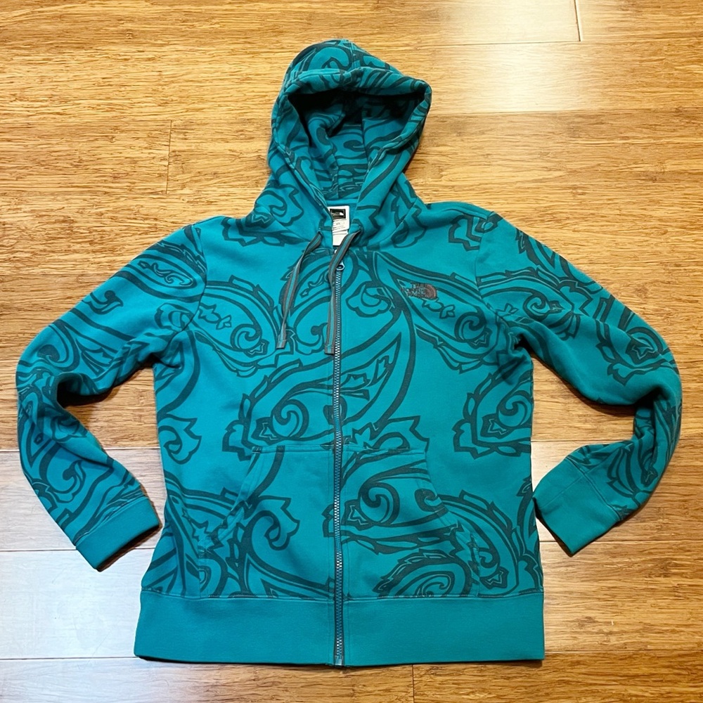 The North Face Turquoise Blue & Black Full Zip Hoodie w pockets. Women's Medium